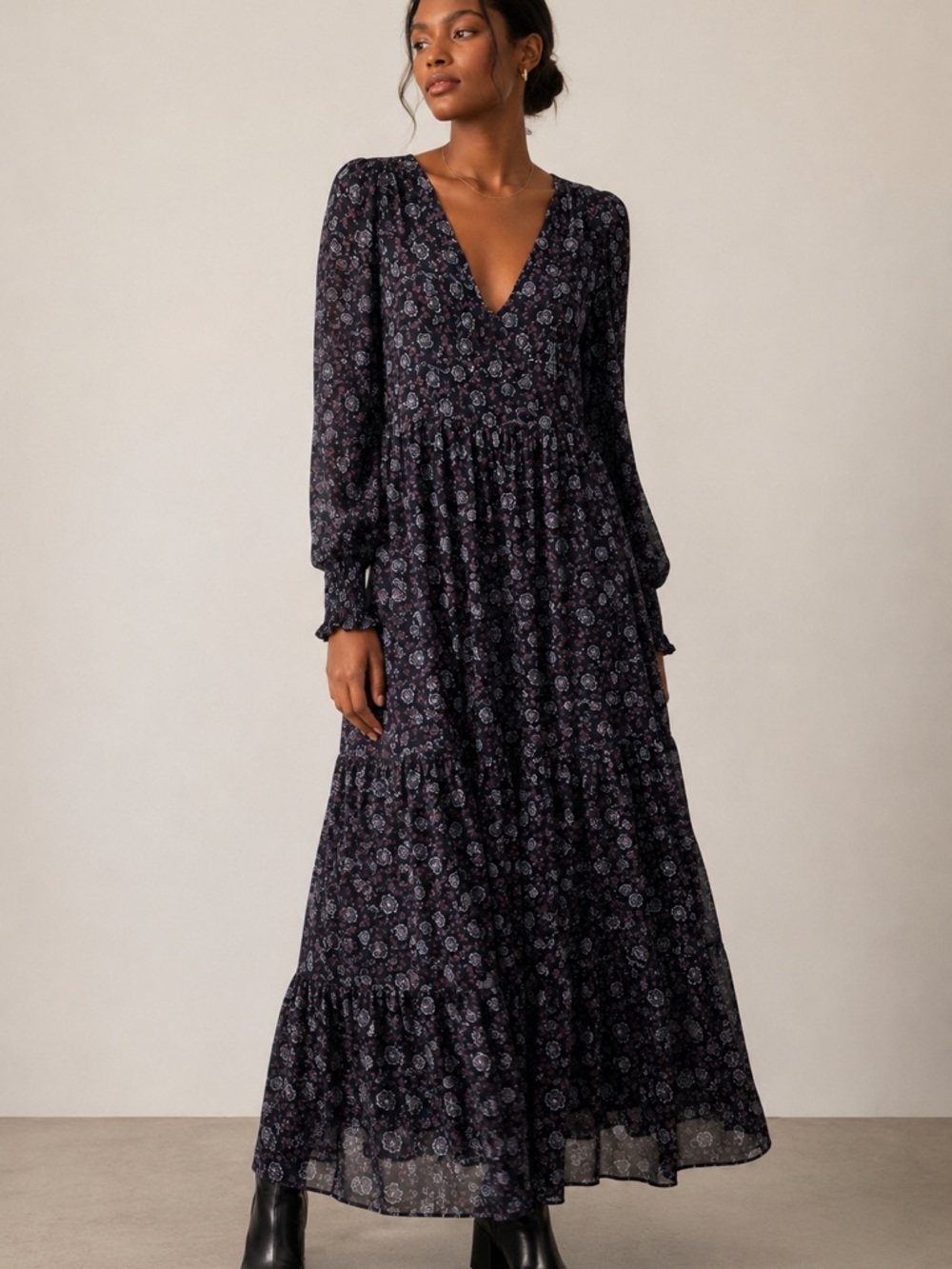Madewell Floral Long Sleeve Tiered Midi Dress Women’s Black Pink Boho - Small